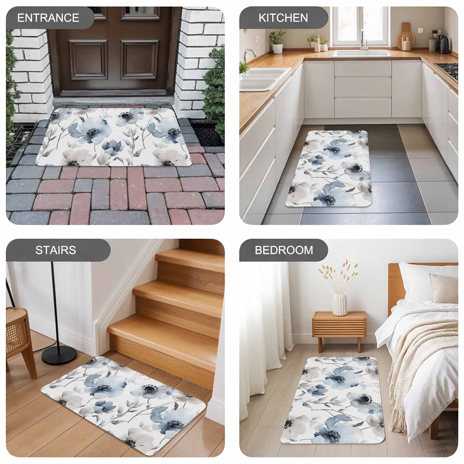Blue Grey Spring Floral Doormat Outdoor Entrance 16"x24", Elegant Summer Botanical Absorb Moisture Dirt Door Mats, Non-Slip Rubber Backing Floor Mats Indoor, Low-Profile Front Door Rugs