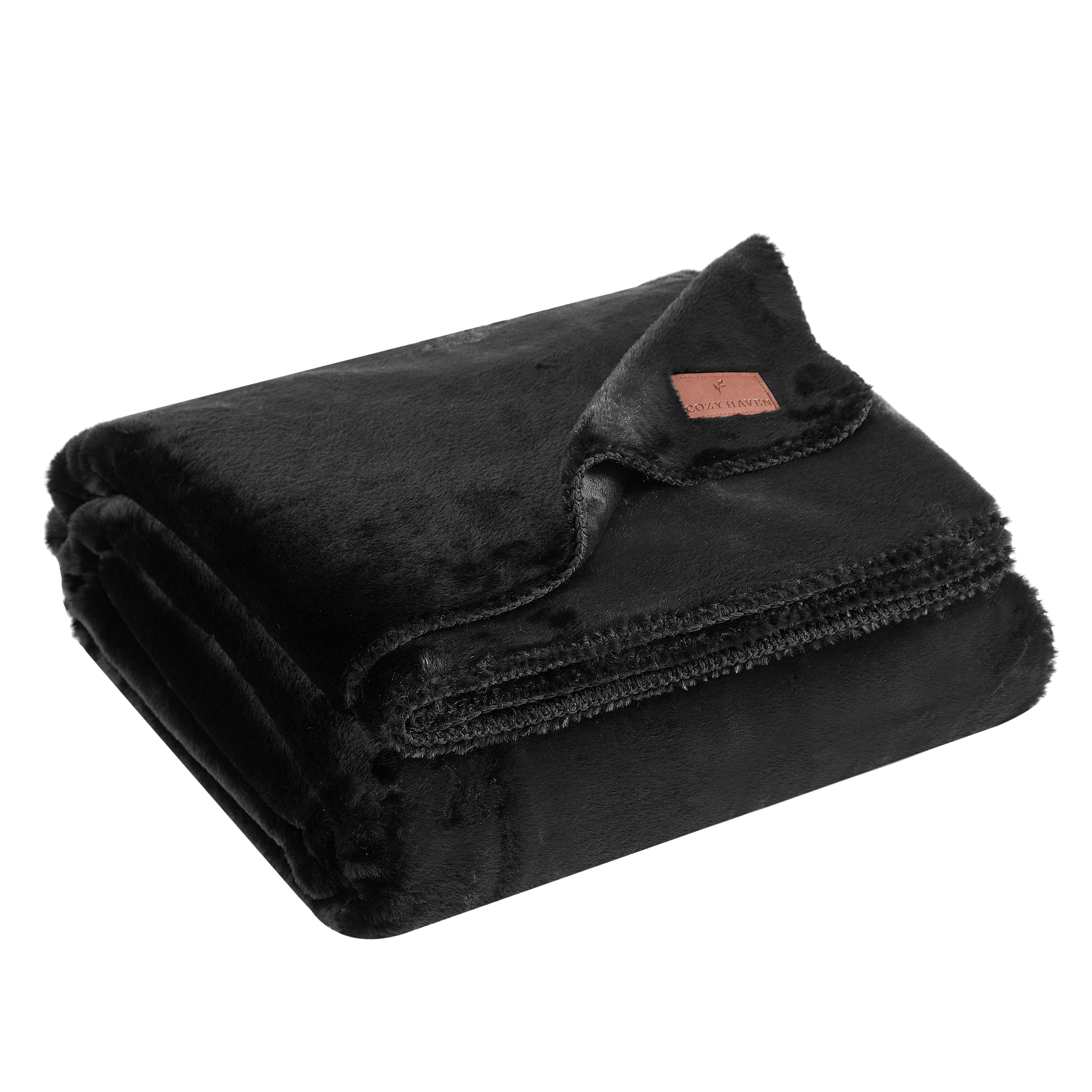 Cozy Haven Luxury Reversible Faux Fur Bed Blanket, Black, King, 102 x 92 in