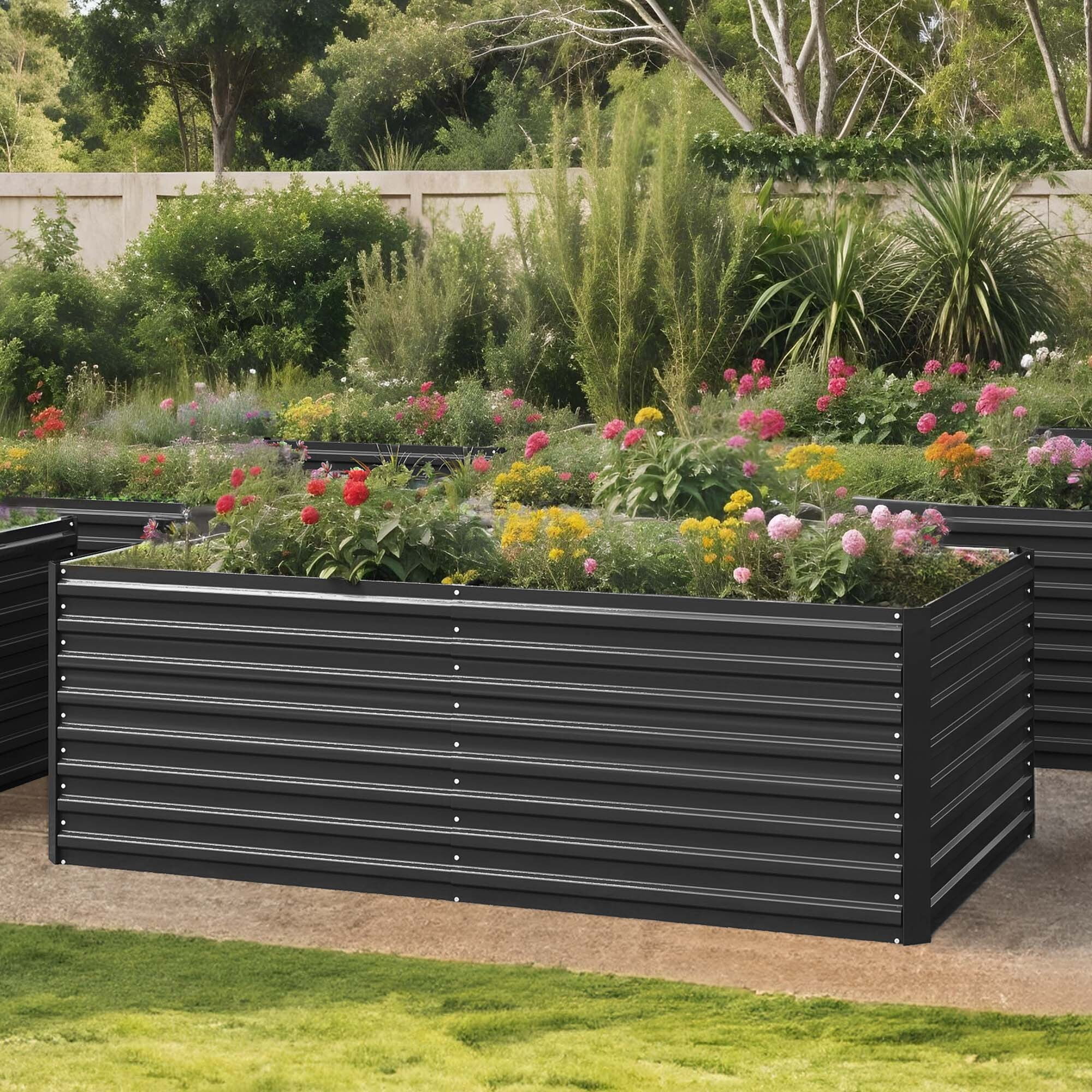 Uforic 6x3x2 ft Galvanized Raised Garden Bed Kit, Black Metal Planter Box with Gloves, Ground Nails & Support Rod, Outdoor Above Ground Planter for Vegetables, Flowers, Plants