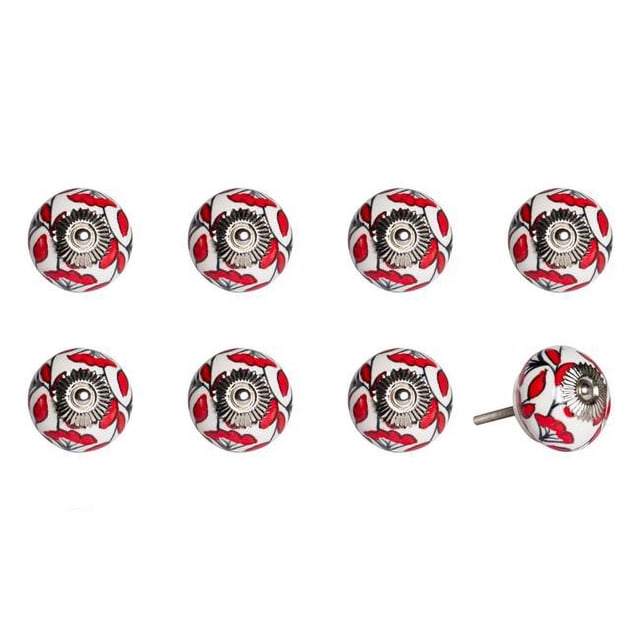 Knob-it 676685031464 Ensemble Vintage de Boutons Ronds en Céramique Peints à la Main - Blanc et Rouge - Lot de 8