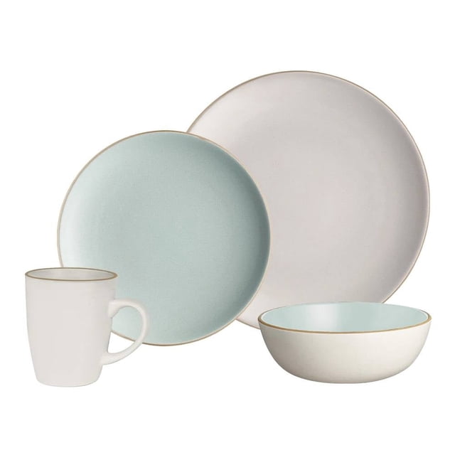 vajilla chefmaker para 4 personas cerámica multicolor con filo dorado 16 piezas: vista frontal con plato base grande, plato mediano, plato hondo y taza; piezas redondas en cerámica multicolor con filo dorado y acabado mate texturizado, según especificaciones apta para lavavajillas y microondas y resistente al impacto; también suele usarse para cenas informales.