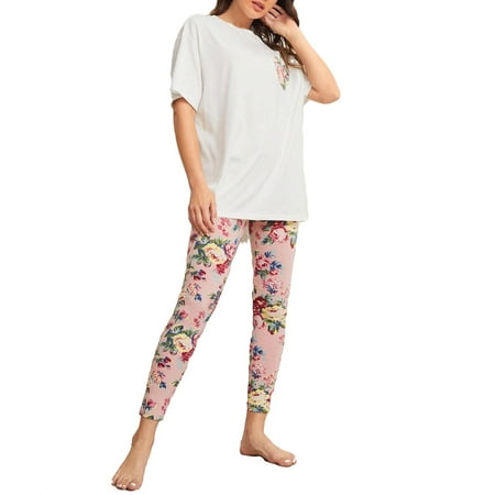

Casual Floral Print Round Neck Pant Sets Elbow-Length Multicolor Womens Pajama Sets (Women s)