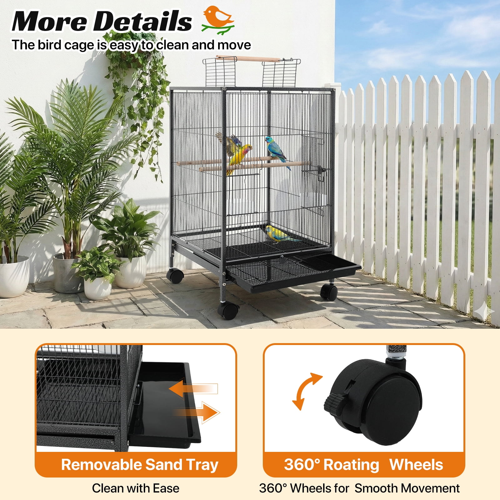 NiamVelo Bird Cage 35 Inch Wrought Iron Flight Birdcages for Cockatiels Parakeets Pigeons Parrot Lovebird with Rolling Stand Bird Playground, Black