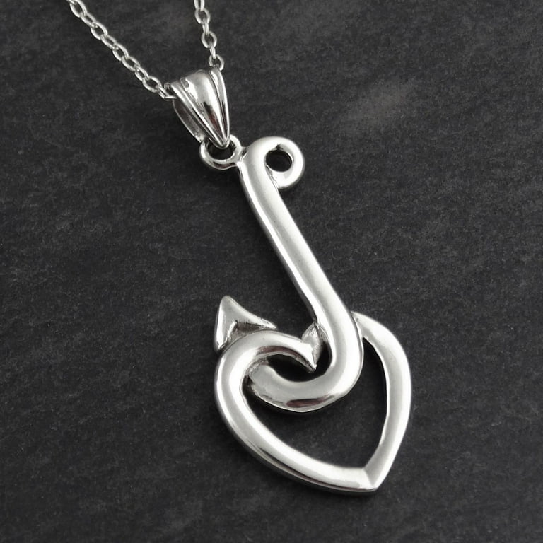 Sterling Silver Fish Hook Heart Necklace, 18 Chain 