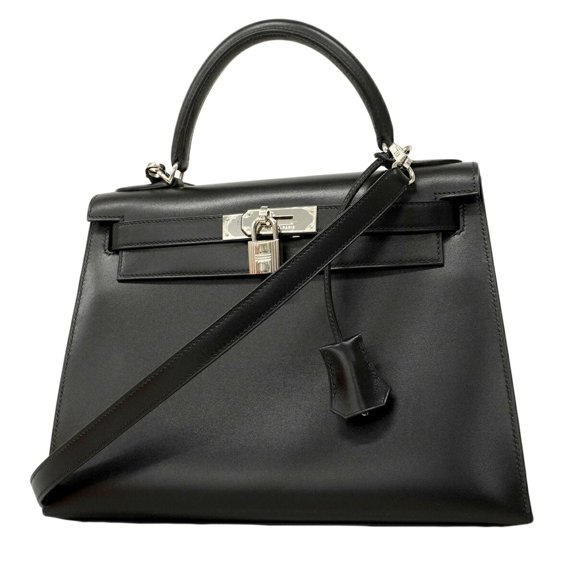 Pre-Owned Hermes Kelly 28 Handbag, Box Calf Leather, Black, F Stamp, 2-way Bag for Women