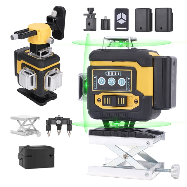 nivel láser verde de 16 líneas, autonivelante 4d con batería recargable, nivelación automática de 3 para construcción, trabajos en pisos y colgar cuadros — láser compacto negro y amarillo en vista 3/4 con panel de control (botones V/H y indicador de batería), proyectando múltiples líneas verdes horizontales y verticales; precisión ±0,2 mm/m, rango de trabajo hasta 20 m; incluye base elevadora metálica tipo tijera, base giratoria 360°, soporte de pared, abrazadera de ventana, interfaz para trípode y dos baterías recargables 2400 mAh.