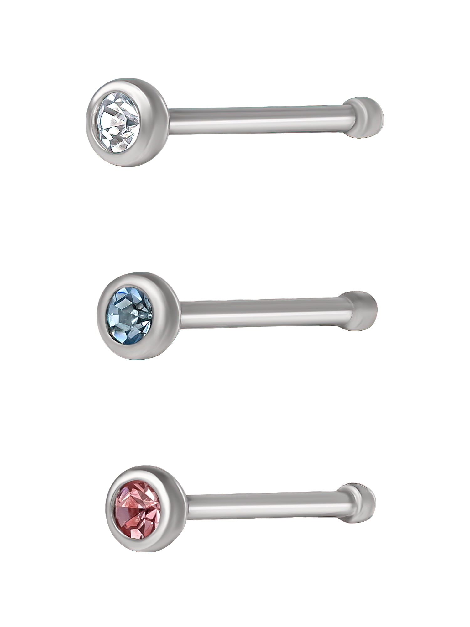 Body Jewelry Women's 22G Stainless Steel Nose Stud Trio with Crystal Accents