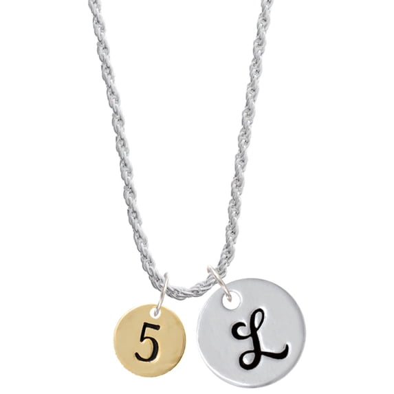 Delight Jewelry Goldtone Disc 1/2'' Number - 5 - Silvertone Script Initial Disc - L - Charm Necklace, 20"+3"