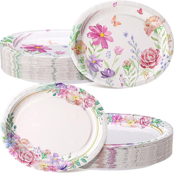 50 Pcs Floral Oval Paper Plates, 10" x 12" Disposable Dinner Serving Platters Large Heavy Duty Paper Plates for Mother Day Wedding Bridal Baby Showers Birthday Party Supplies