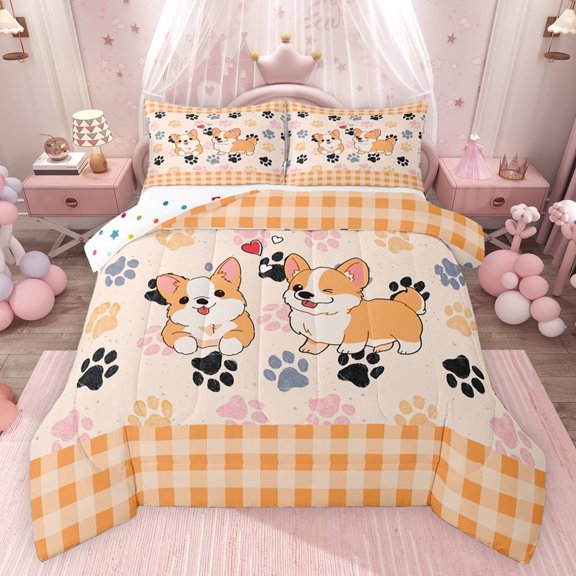 jejeloiu Kawaii Corgi Bedding Comforter Set,Pet Puppy Dogs Twin Comforter Sets,Orange Plaid Checkered Bedding Set For Teens,Microfiber Bedroom Decor Reversible,2 Pieces