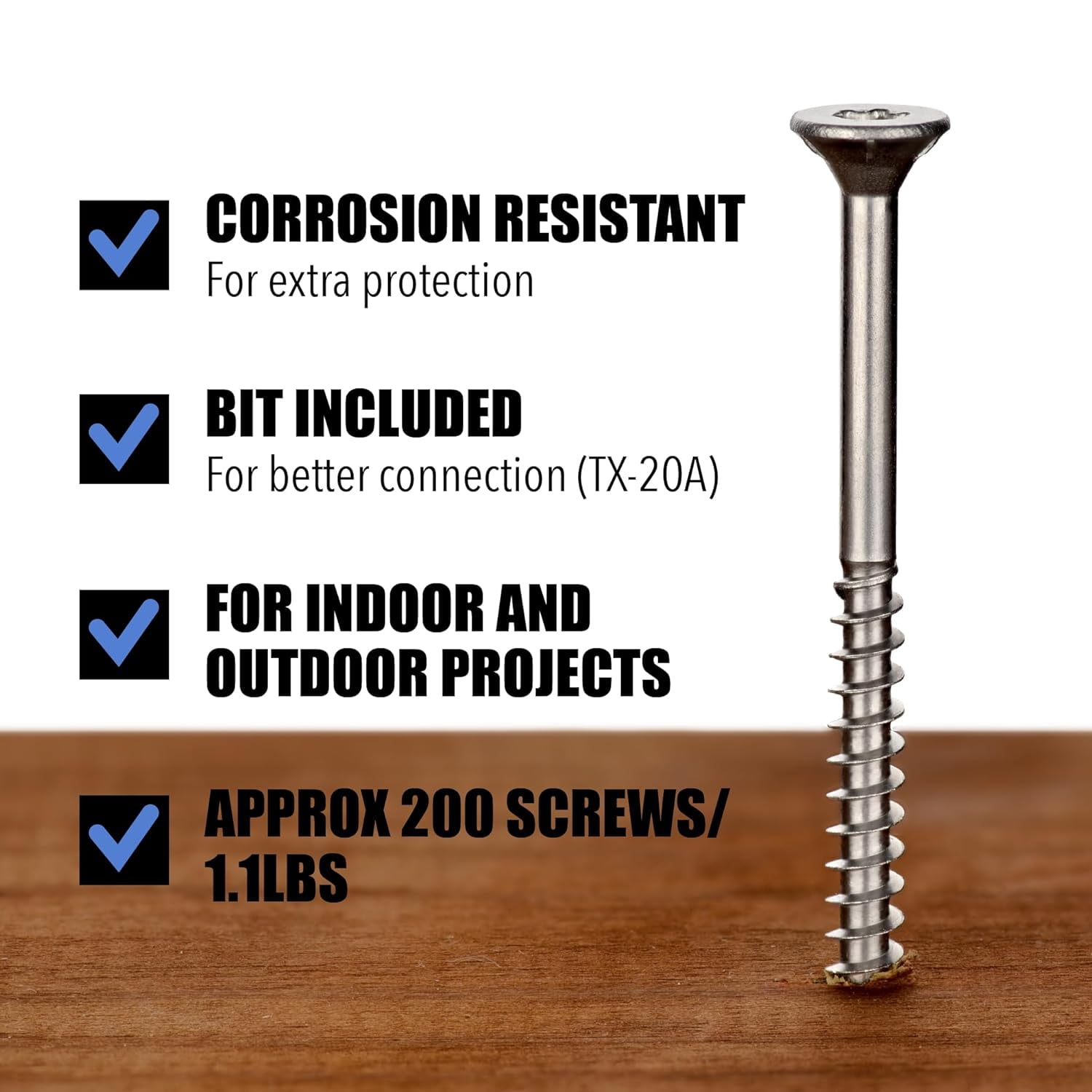 #8 x 1 5/8’’ Stainless Steel Wood Screws by Grindy (200pack/1.1LBS) – Self-Drilling Deck Screws I Rust Resistant I Quick Drive & Fast Grip I for Cabinet, Furniture & Other Projects I Bit Included