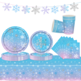 thumbnail image 1 of Bandeja de papel desechable con degradado de invierno, hielo y nieve, copos de nieve azules, vasos de papel, toallas de papel, manteles, vajilla, juego de decoración para fiestas, 1 of 4