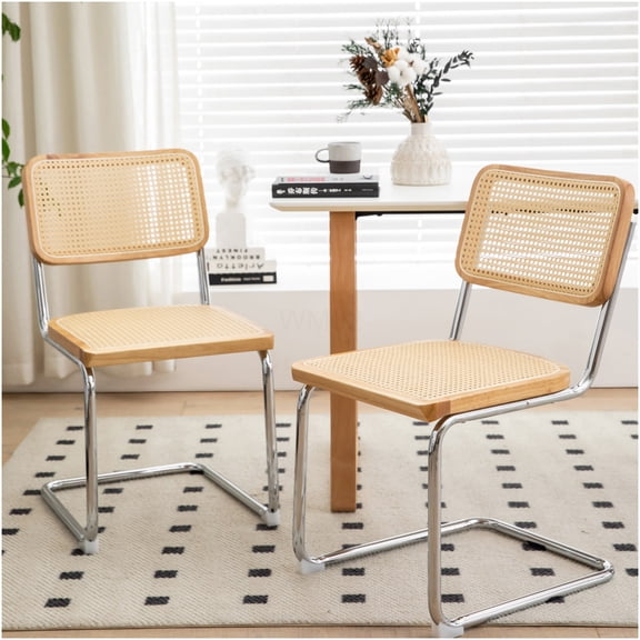 Mid Century Modern Dining Chairs Set of 2, Velvet Upholstered Rattan Side Chairs with Chrome Steel Legs for Kitchen Dining Room