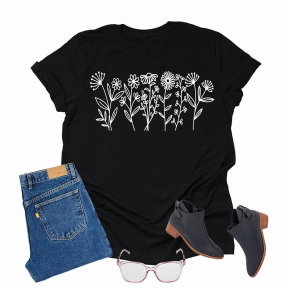 Women's Floral Tee Wildflower Graphic T Shirt Summer Flower Casual Loose Top Crew Neck Short Sleeve Shirts Tees (Black-2X Large)