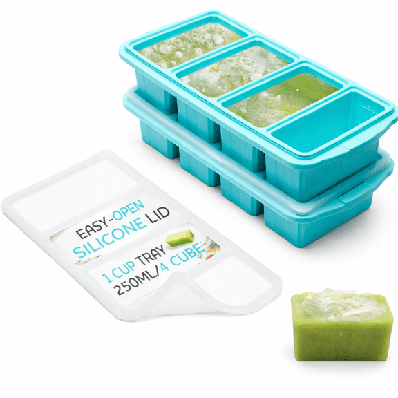 2 Pack Silicone Freezer Tray With Lid Large Ice Cube Tray 8 1 Cup Portions for Soup Meal Prep Oven Dishwasher Safe