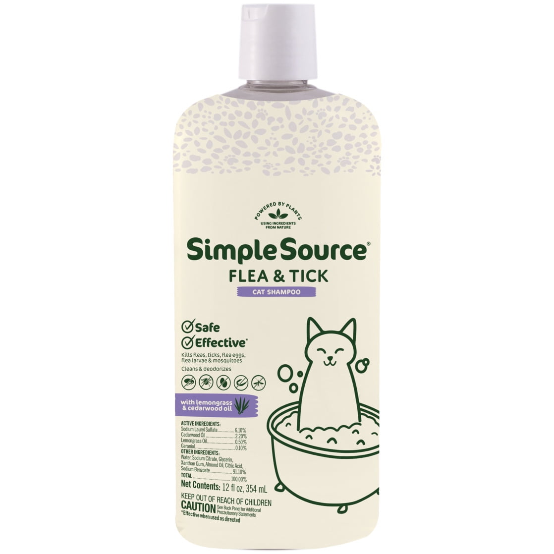 SimpleSource® Flea & Tick Shampoo for Cats, Kills Fleas, Flea Eggs, Flea Larvae, Ticks, & Mosquito, Cleans & Deodorizes, 12oz Bottle
