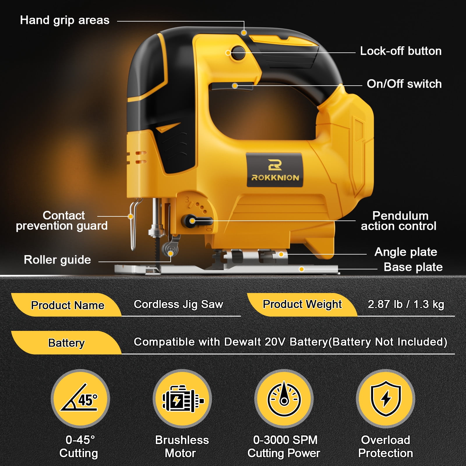 Dufuls Cordless Jig Saw Compatible Brushless Jig Saw with 10pcs Blades 4 Orbital Sets for Wood (Battery Not Included, Power Tool and T-Shaped Wood Cutting Blade Only)