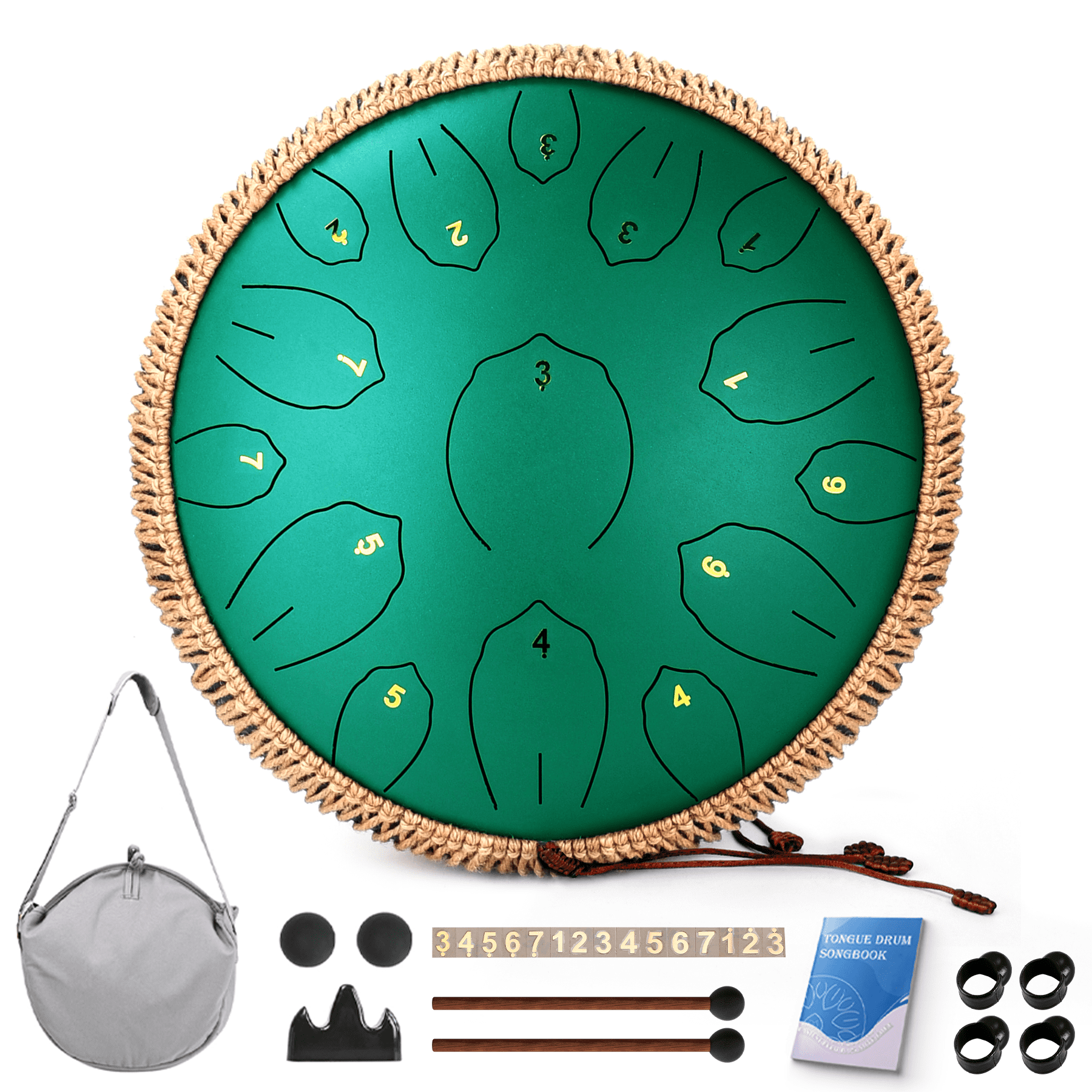 Steel Tongue Drum, 14 Inch 15 Note Tongue Drums, Handpan Drums for Adultes, Steel Drum Instrument with Music Book, Steel Handpan Drum Mallets and Carry Bag, C Major,Green