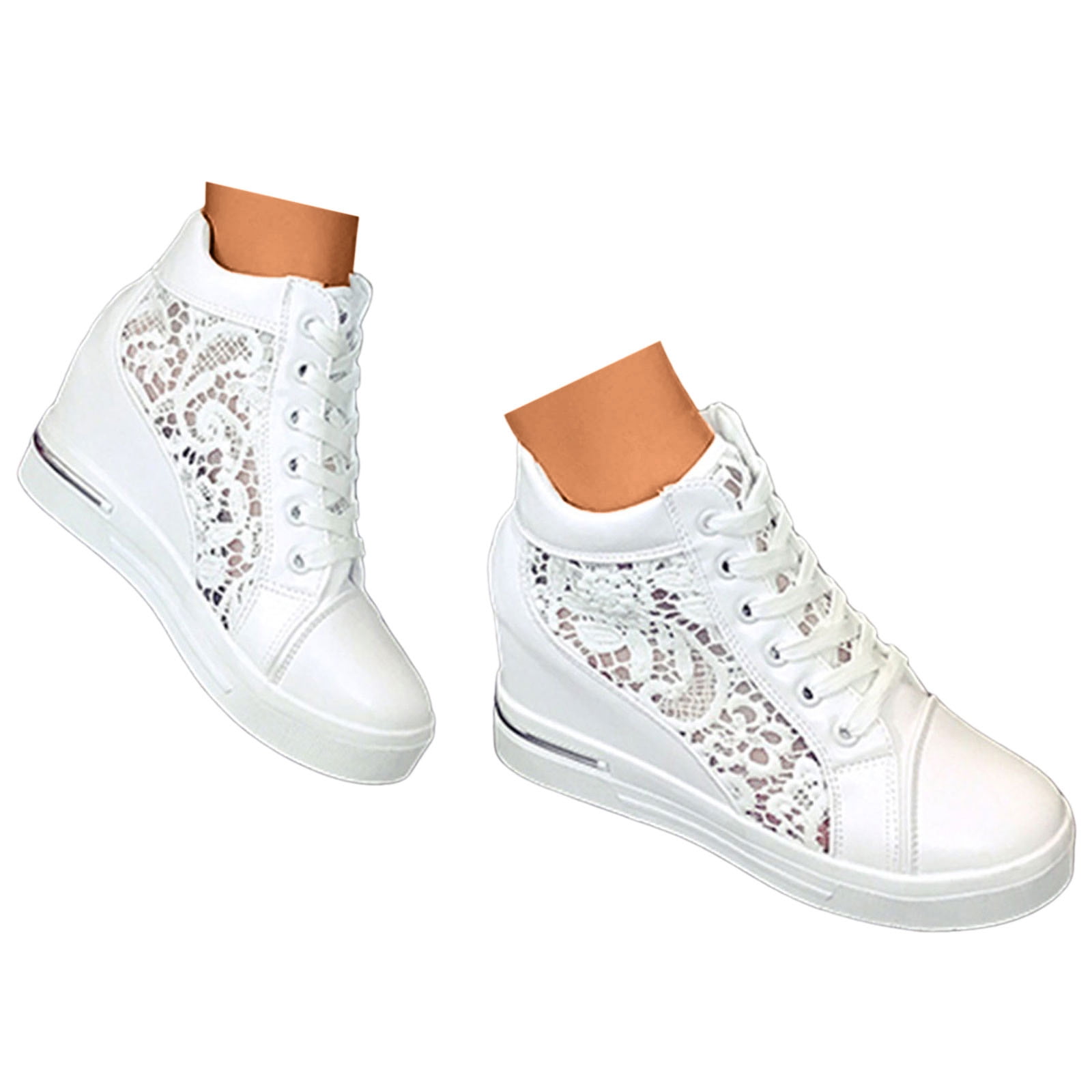 KELINFONG Platform Hidden Heels Sneakers for Women Lace Crochet