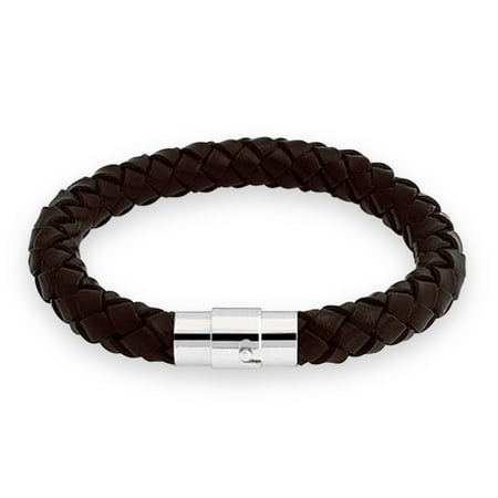 Brown Leather Cord Bracelet - Brown Braided 8mm Leather Cord Bracelet 8in Stainless Steel