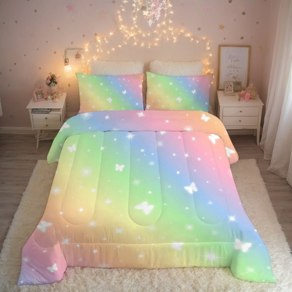 Psoiuetr Gradient Butterfly Glitter Bedding Set for Kids Girls Teens Twin Size Galaxy Rainbow Comforter Set Pink 3Pcs