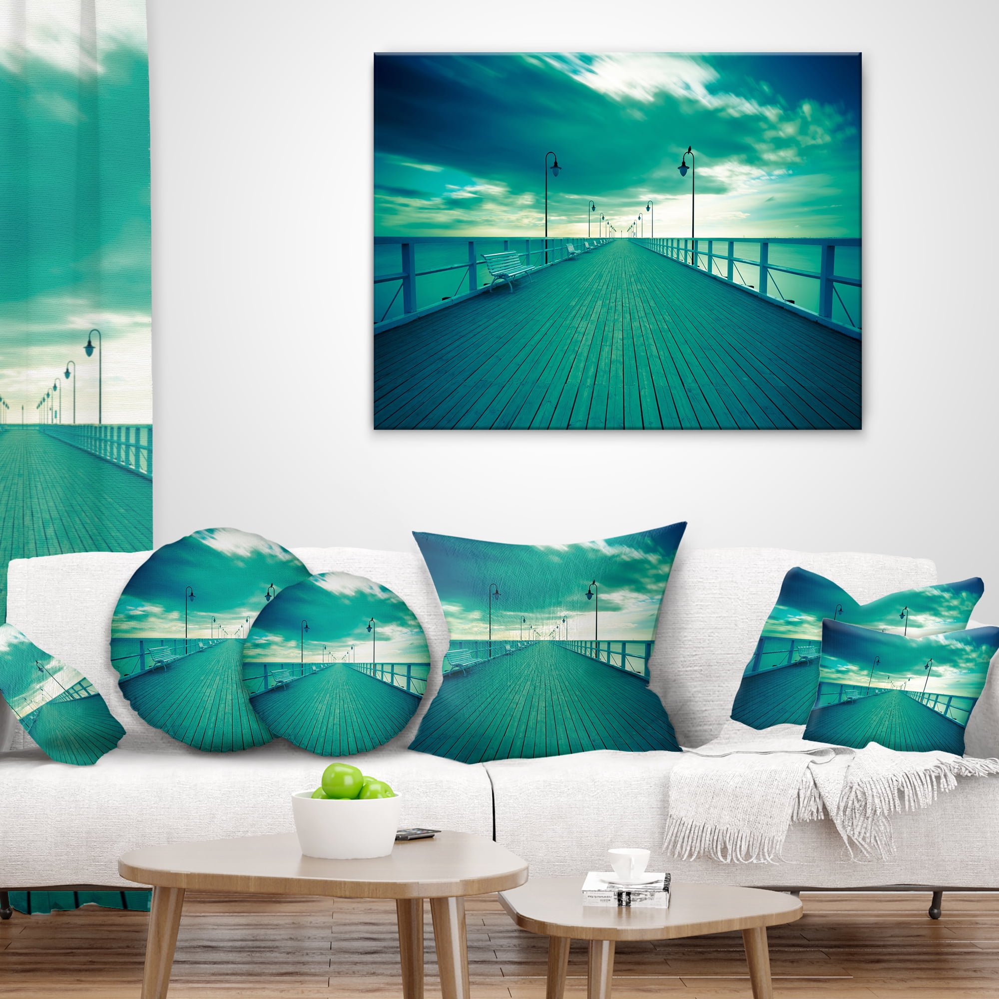 Designart Blue Seascape With Wooden Pier - Bridge Throw Pillow - 12x20