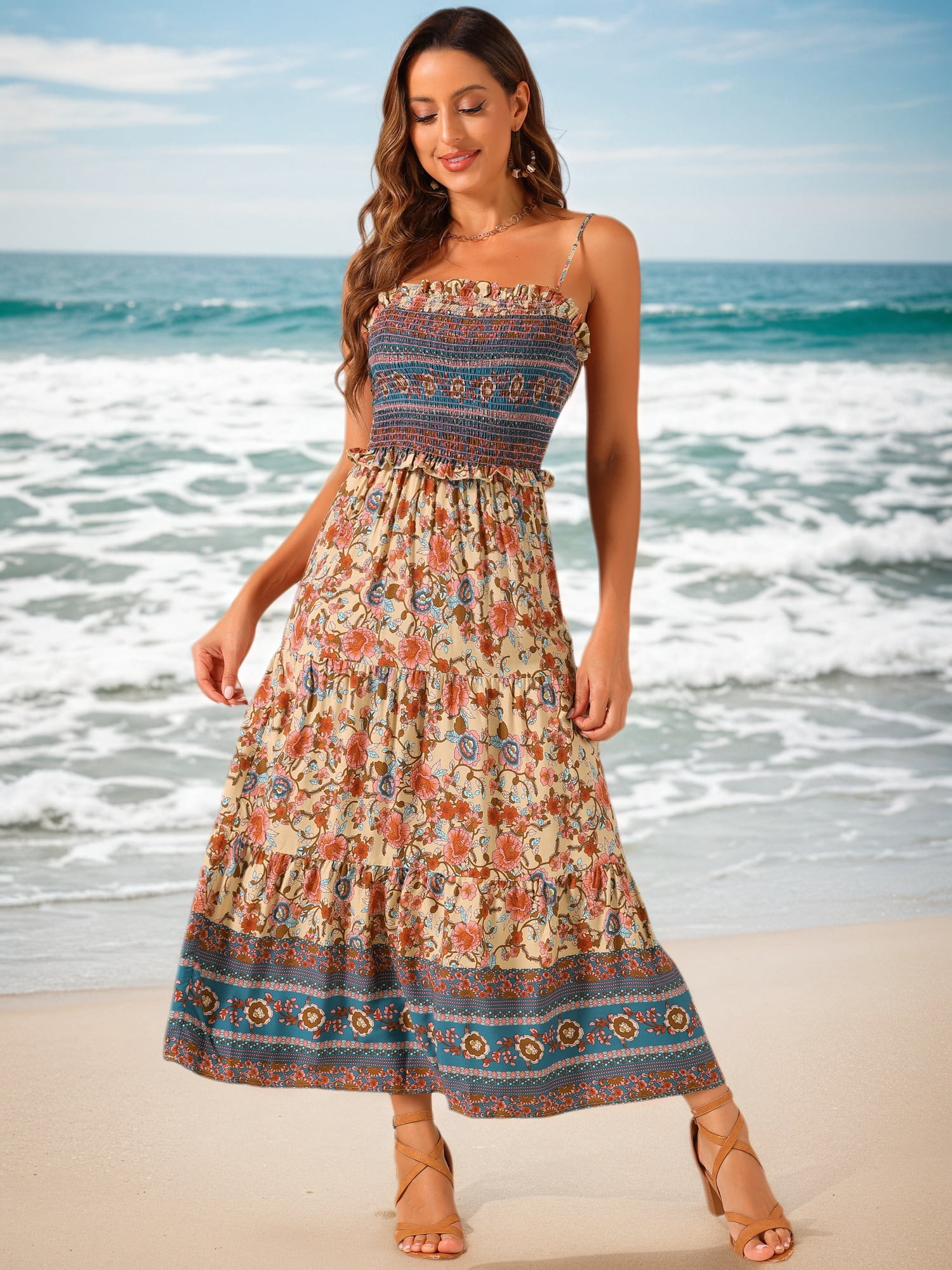 DARING DIVA Women's Boho Floral Spaghetti Strap A Line Maxi Dresses XS Apricot