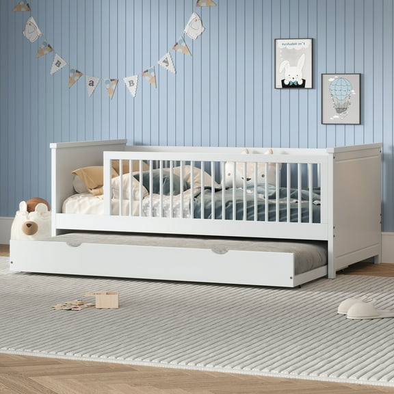Wood Twin Size Platform Bed with Guardrail and Trundle, White