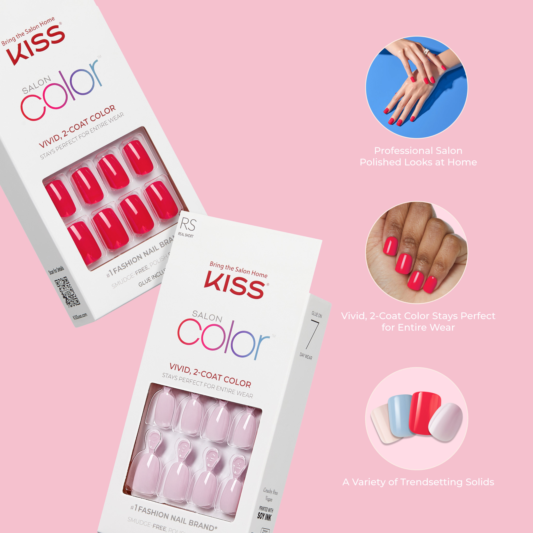 KISS Salon Color Press on Nails, Spotted, Red, Short Squoval, 28 Count