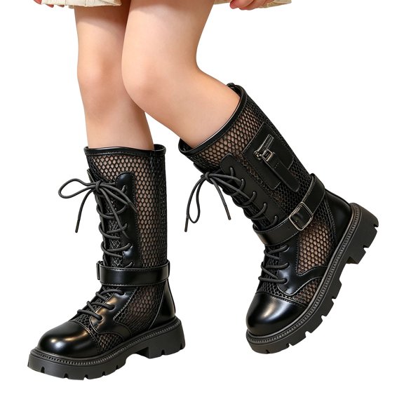 Cethrio Little Girls Riding Boots, Non-Slip Lace-up Breathable Soft Sole Mid Calf Boots Black Size 12(Little Kids)