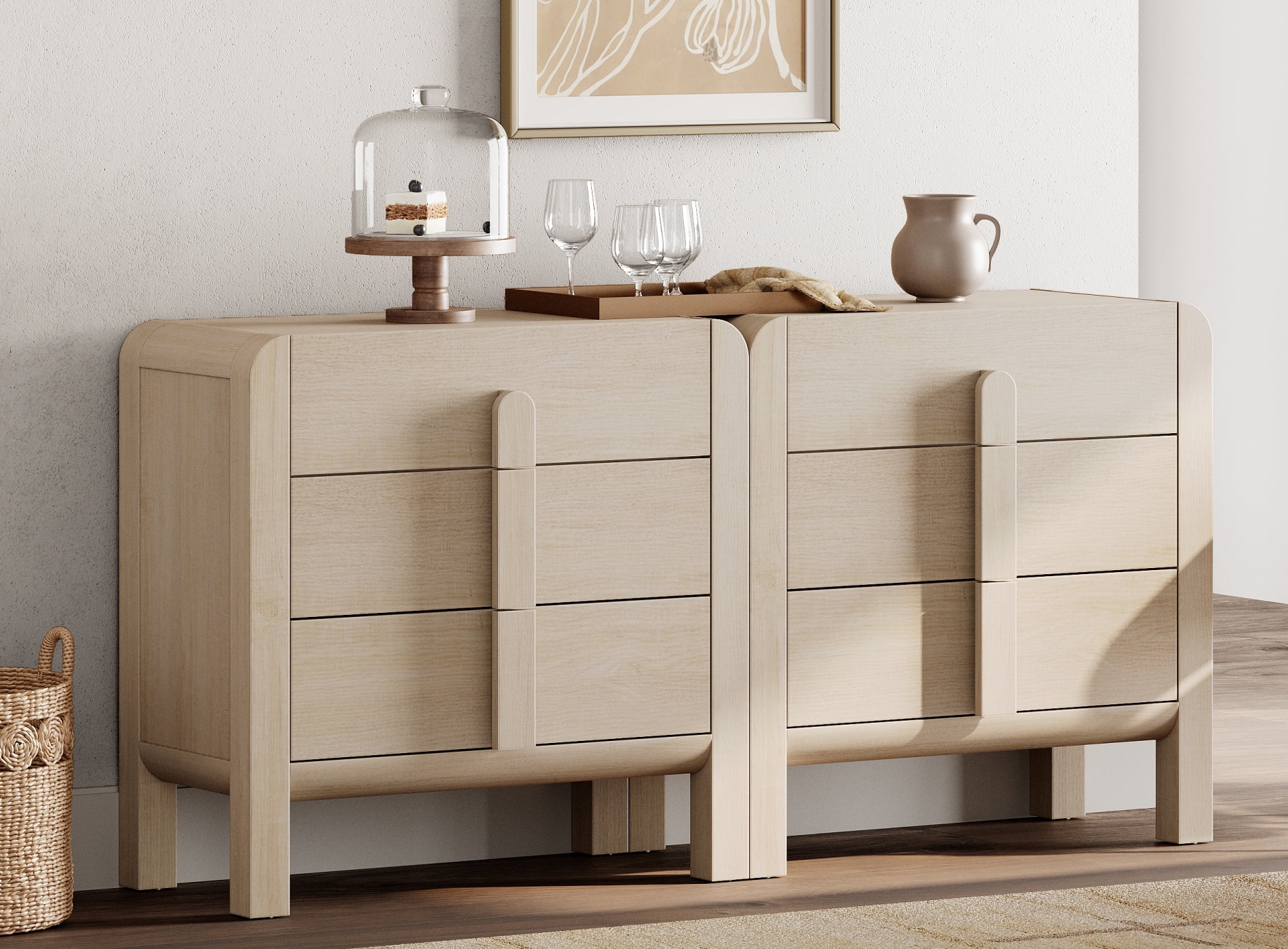 3 Drawer Curved Dresser for Bedroom Set of 2, Mid Century Modern Chest of Drawers, Wood Storage Dresser Organizer for Bedroom Living Room Hallway Closet