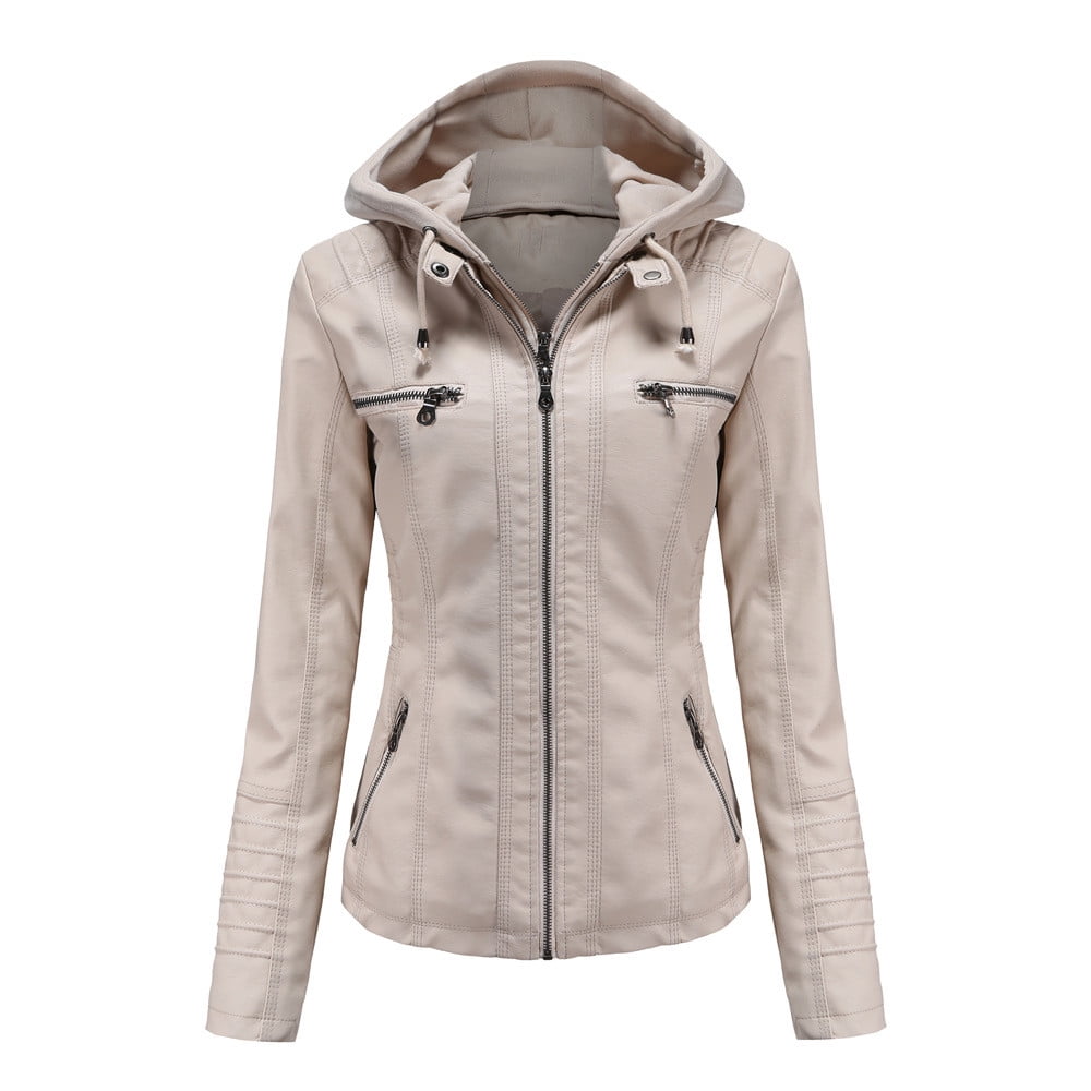 XFLWAM Women Plus Size Fashion Faux Leather Jacket Long Sleeve Zipper Fitted Moto Biker Coat Beige XXL