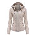 thumbnail image 4 of Feancey Women's PU Leather Jacket Motorcycle Bomber Jackets Biker Winter Coat with Detachable Hood Beige XXL, 4 of 5