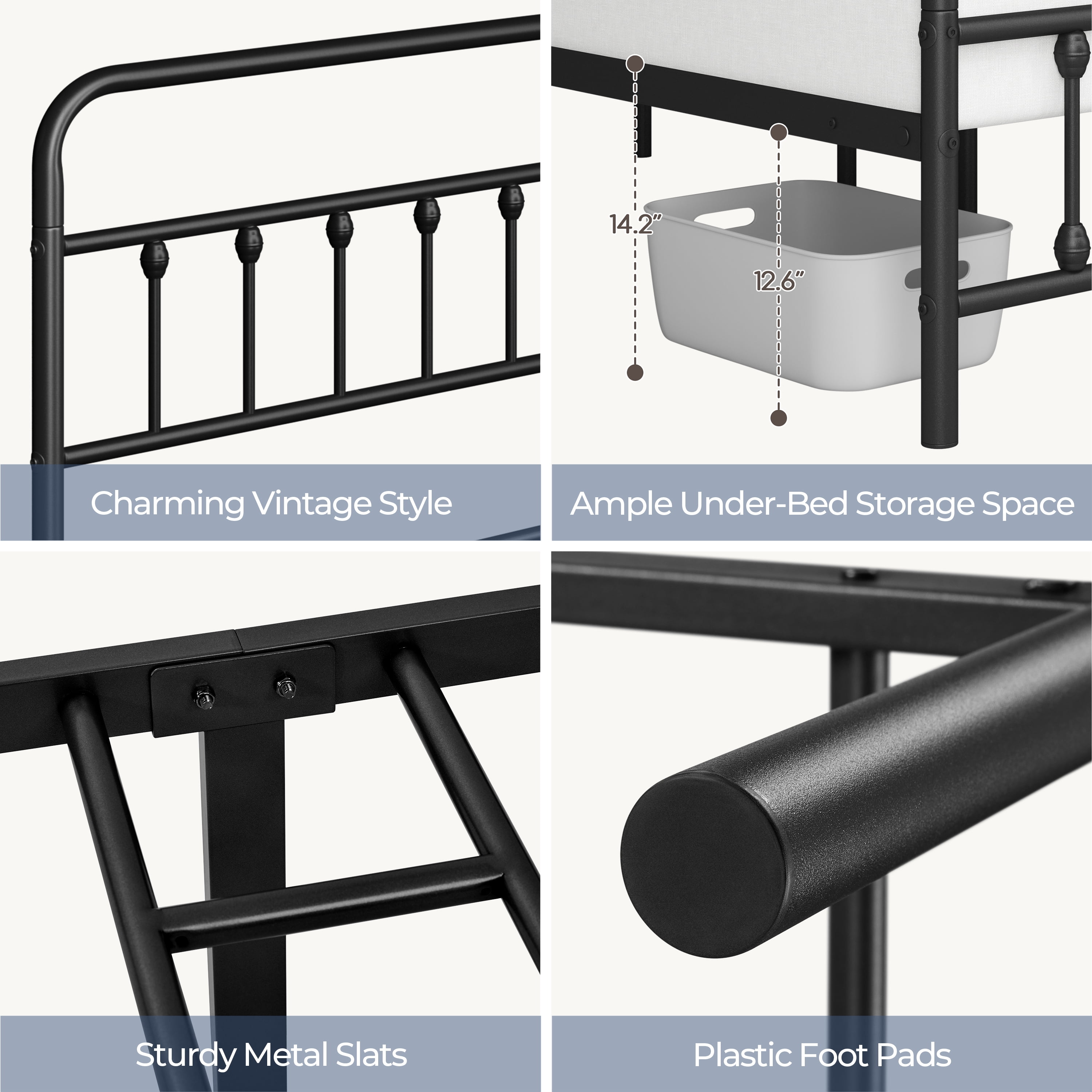 Alden Design Queen Size Classic Iron Platform Bed with High Headboard and Footboard, Black
