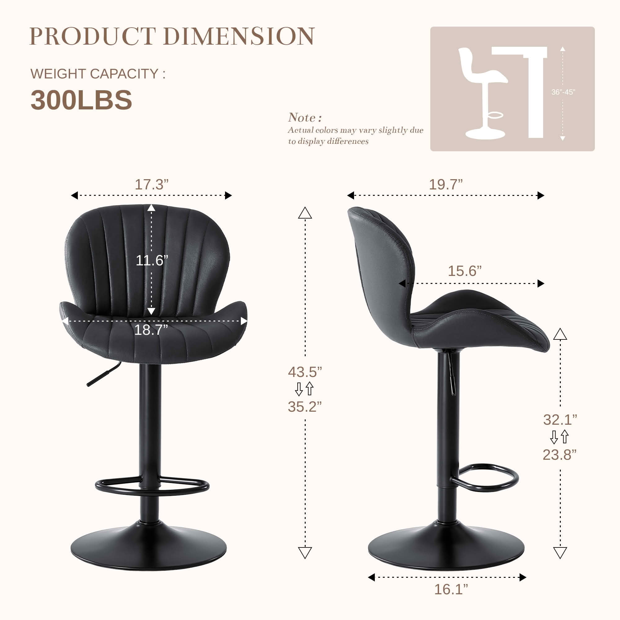MAYEERTY Set of 2 PU Leather Bar Stools 360 Swivel Adjustable Height 24.8"-33.46" 300LBS Capacity