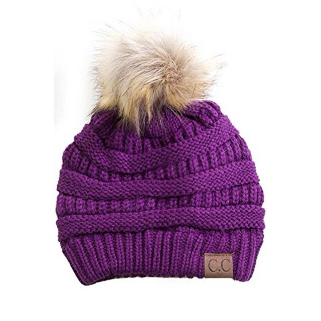 Gravity Threads Cable Knit Faux Fur Pom Pom Beanie Hat, Dark Purple