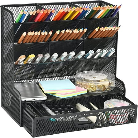 Marbrasse Mesh Desk Organizer, Multi-Functional Pen Holder, Pen Organizer for desk, Desktop Stationary Organizer, Storage Rack for School Home Office Art Supplies (Black Mesh Pen Holder with Drawer)