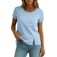 thumbnail image 5 of LIaqionyy Tops for Womens Crew Neck Short Sleeve Cotton Linen Cropped Shirts Summer Solid Color Blouses, 5 of 7