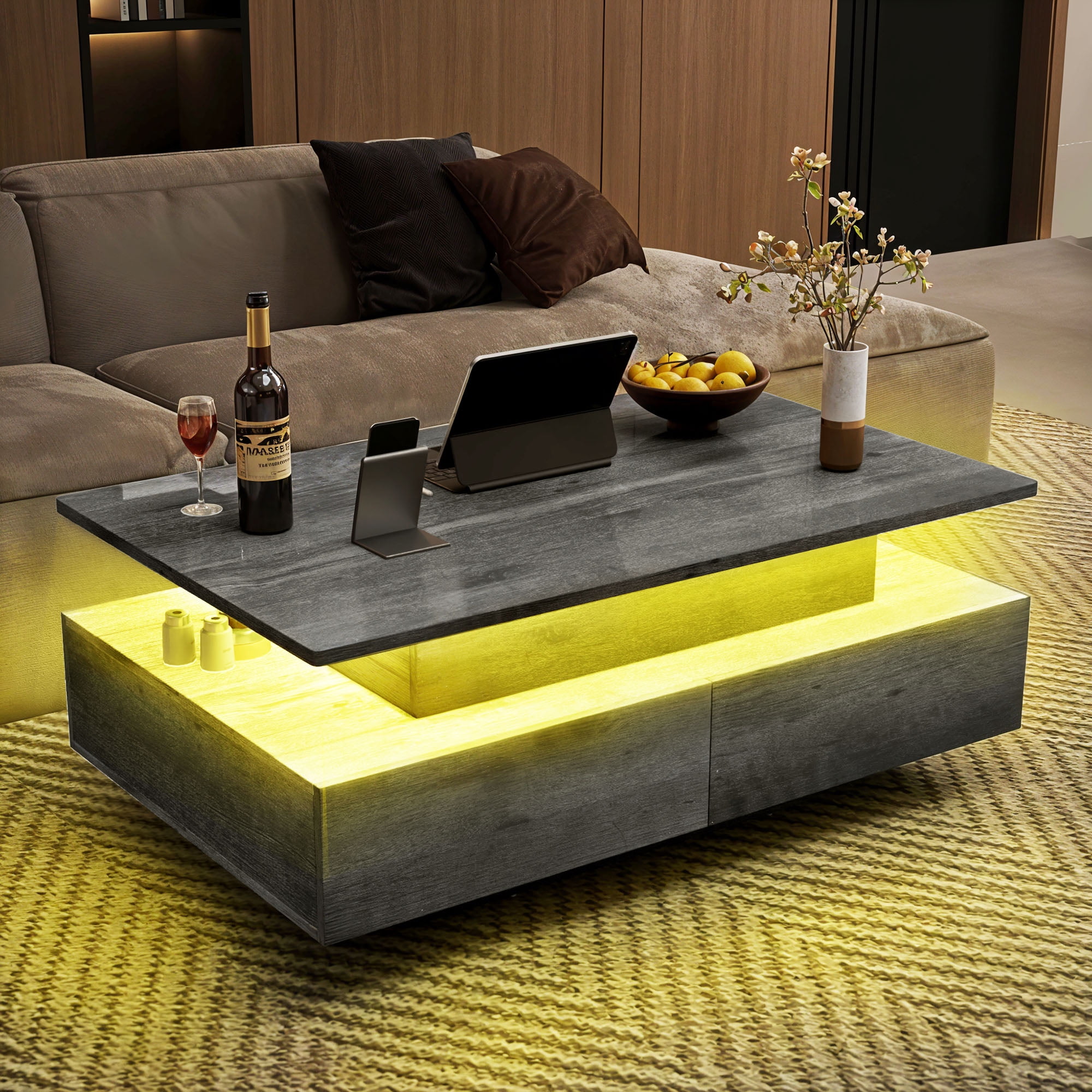 Uforic Lift Top LED Coffee Table, Smart Center Table with 4 Drawers, Gray