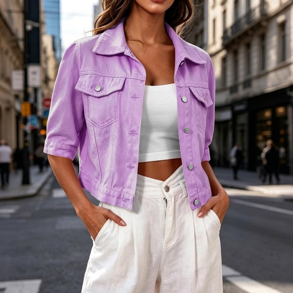 thefmos Women's 3/4 Sleeve Denim Jacket Solid Color Button Down Cropped Jean Fall Jacket Coat with Pockets Casual Fashion Vintage Outfit, Purple M