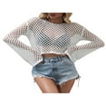 thumbnail image 2 of Women Crop Top Crochet Hollow Out Knitted Pullover See Through T-Shirts, 2 of 7