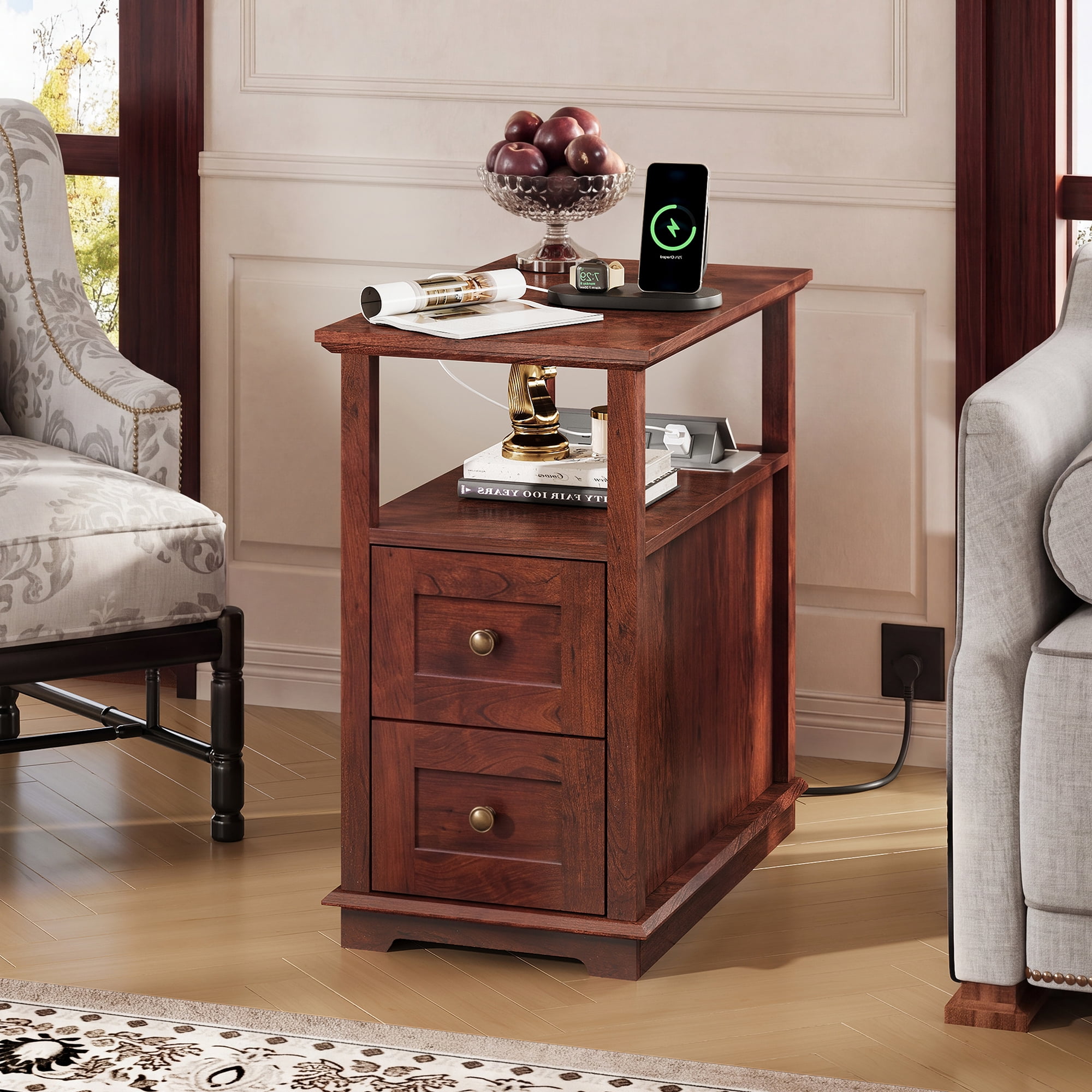 GALAXHERO Narrow End Table with Charging Station Wooden Side Table with 2 Drawers for Living Room, Bedroom, Small Space, Antique Cherry