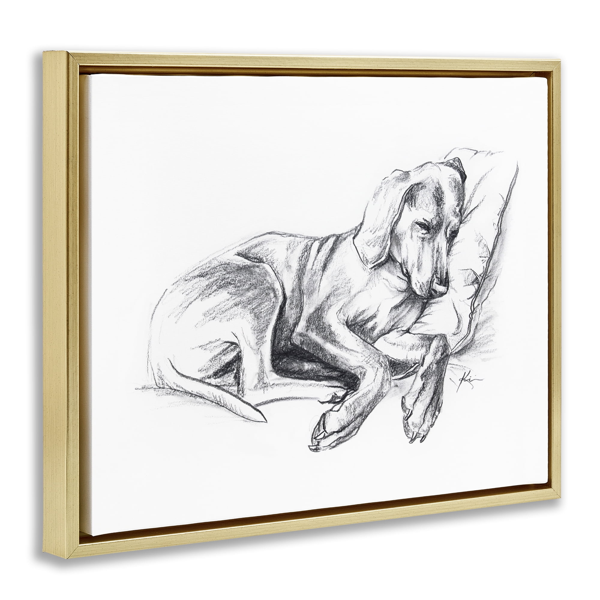 Stupell Industries Napping Dog Drawing Animals Drawing Gold Floater Framed Canvas Art Print Wall Art, 21 x 17