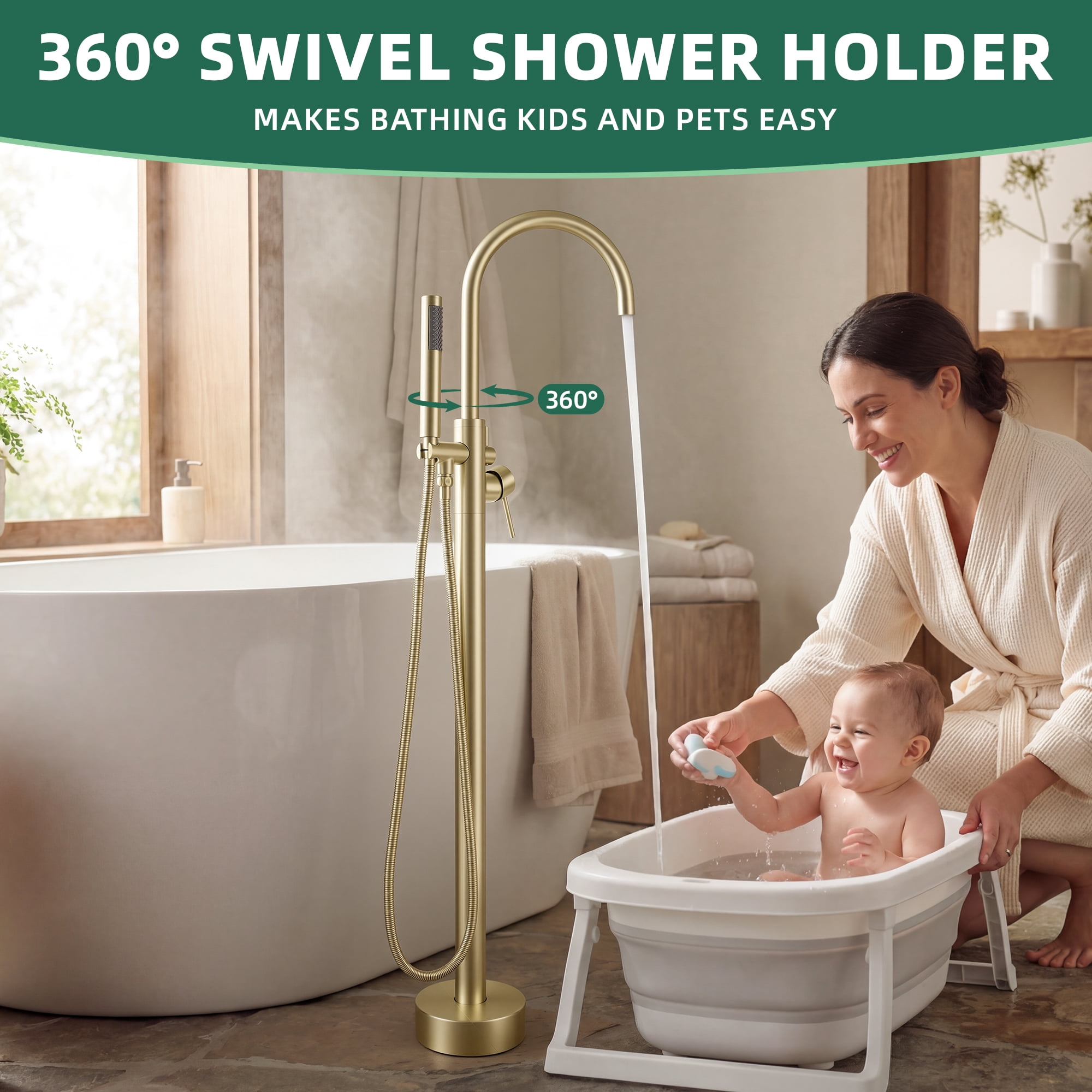 Free Standing Tub Faucet, High Flow Freestanding Bathtub Faucet with Handheld Shower & Gooseneck Spout, 360°Swivel Tub Filler, Brass Body, Brushed Gold