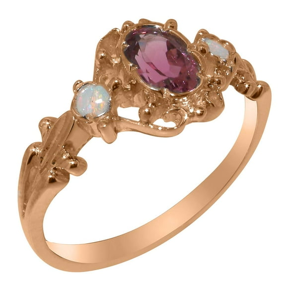 LBG British Made 18k Rose Gold Natural Pink Tourmaline & Opal Womens Anniversary Ring - 33 size options - Size 10