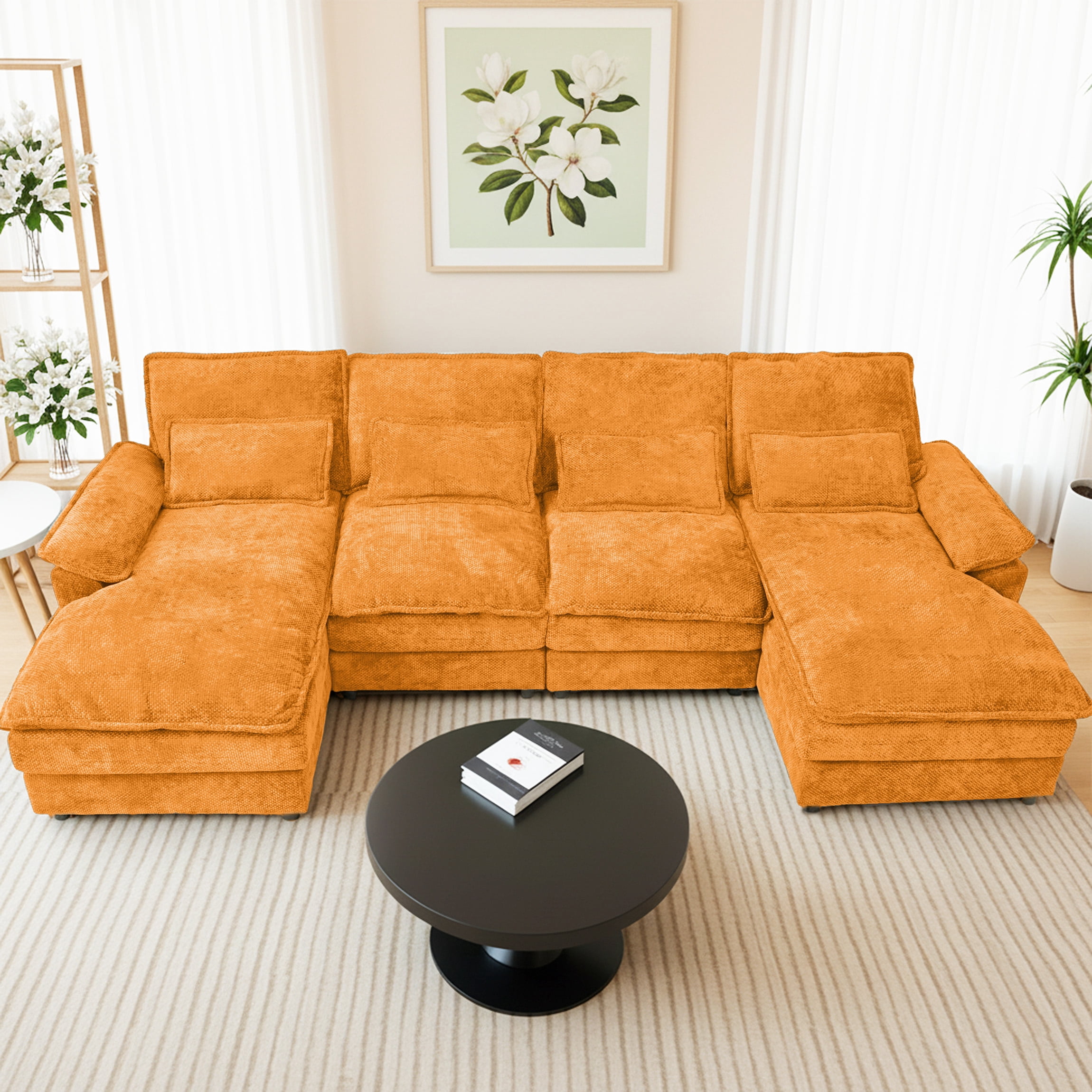 SEENYOO 110.24" U-Shaped Couch, Cloud Modular Sectional Sofa with Chenille Fabric, 4-Seat Comfy Couch for Living Room,Orange