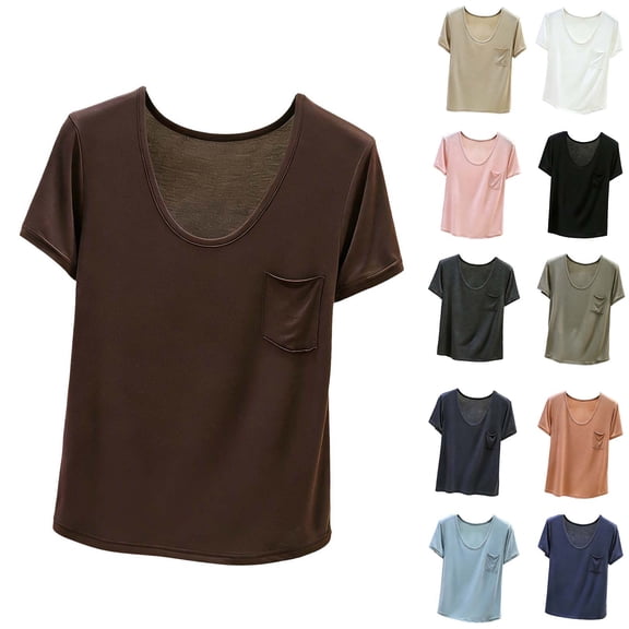 Miluxas Plus Size Women's Lightweight Scoop Neck T Shirts Solid Casual Short Sleeve Pullover Tops with Pocket Soft Loose Fit Tees for Summer White
