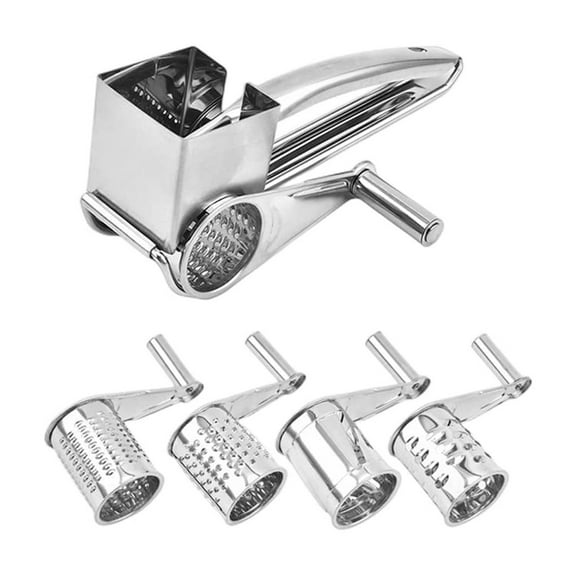 Rotary Cheese Grater with 4 Interchangeable Drum Blades, Stainless Steel Cheese Grater with Handle for Nuts, Parmesan, Cheese