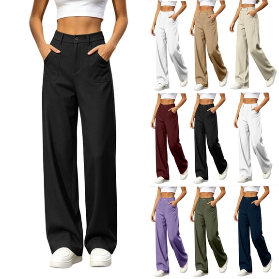 Women's Straight Leg Pant Relaxed Fit High Waist Wide Leg Button Zip Fly Casual Straight Trousers with Large Front Patch Pockets, Flowy Floor Length Business Casual Suit Pants