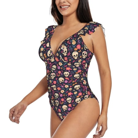 KLL Skull flower leaf colorful for Women s Ruffled One Piece Swimsuit Tummy Control Bathing Suit V Neck Swimwear